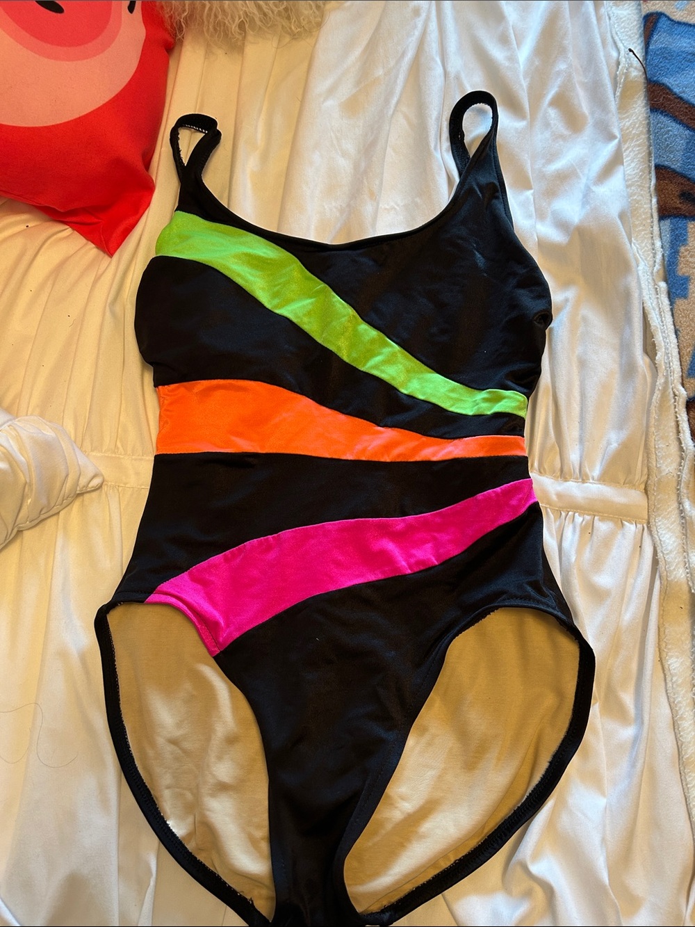 Black One-Piece Swimsuit with Neon Green, Orange & Pink Accents